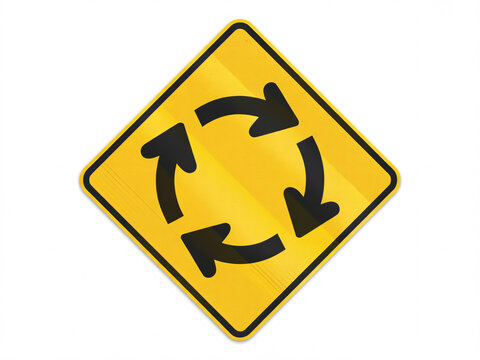 Vibrant yellow roundabout sign illustration promotes safe driving and traffic awareness for modern transportation and road safety campaigns.