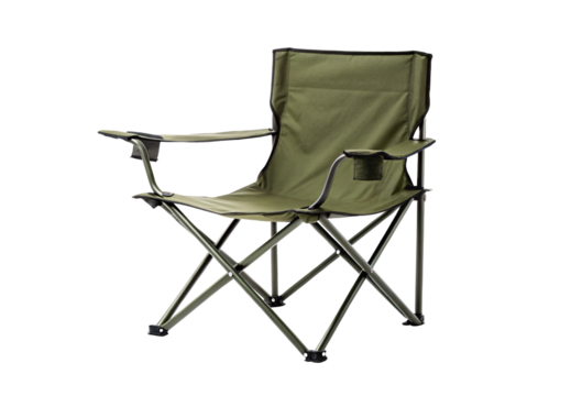 Olive green folding camping chair with armrests and cupholders, isolated on a transparent background