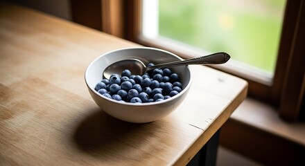 White bowl filled with fresh blueberries and a silver spoon resting on a wooden table near a window