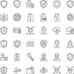 Cybersecurity Icons Set – Security, Privacy & Protection Symbols,Security Line Icons Collection – Locks, Shields & Firewall Symbols.