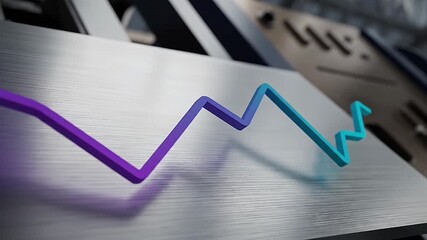 A 3D animated line graph showing fluctuating business data market trends or financial performance with a modern purple and blue zigzag line on a sleek metallic  - Powered by Adobe
