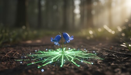 Futuristic glowing circuitry emerges from forest floor with blue flowers