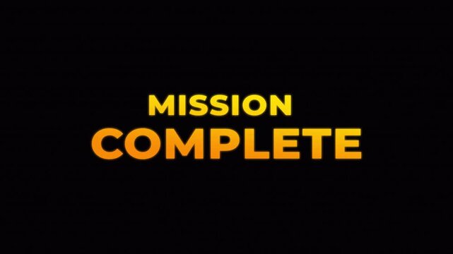 Energetic gaming text animation revealing a bold “Mission Complete” highlight with glowing effects and fast motion trails, emphasizing successful completion of an objective.