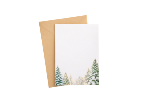 Winter holiday stationery with snow-covered pine trees and kraft envelope, isolated on a transparent background