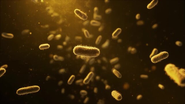 Artistic 3D rendering of microscopic fungal spores drifting in a dark atmospheric space