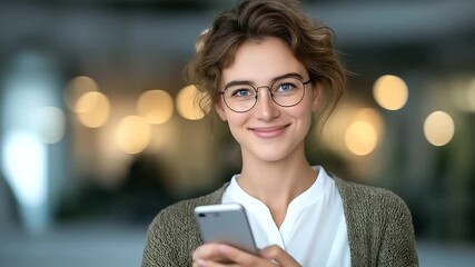 Smiling businesswoman using smartphone in an office setting - Powered by Adobe