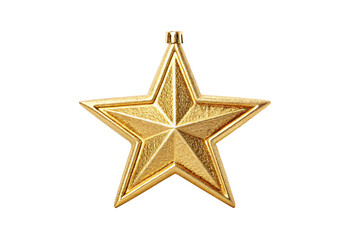Metallic gold five-pointed star Christmas tree ornament with textured surface, isolated on a transparent background
