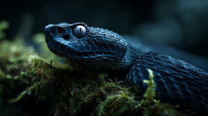 Dark viper coiled on mossy branch snake reptile