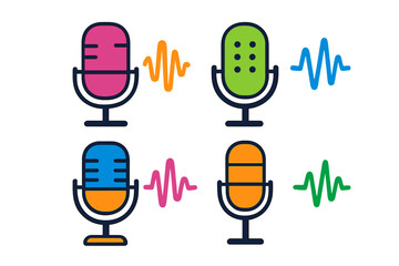Set of four colorful microphones and audio wave symbols for broadcasting and digital media