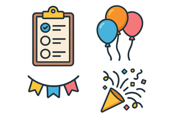 Clipboard checklist with balloons party flags and exploding confetti popper icons