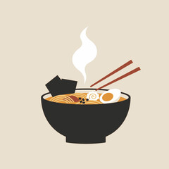 A steaming bowl of traditional Japanese ramen noodles with egg, nori, and narutomaki, served with chopsticks.