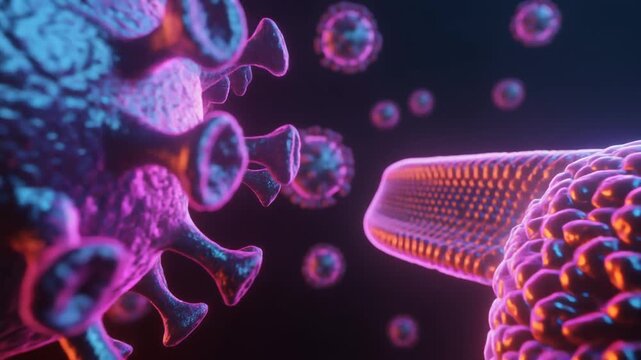 Microscopic battle Detailed 3D rendering of virus attacking a cell membrane, vivid colors and drama