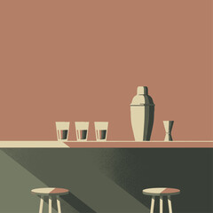 Minimalist graphic illustration of a bar counter with cocktail shaker, glasses, and stools in a retro style.