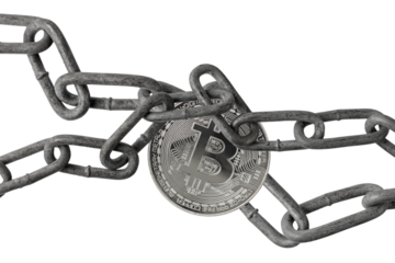 Old  metallic chain with silver bitcoin coin isolated on white background. Blockchain concept.