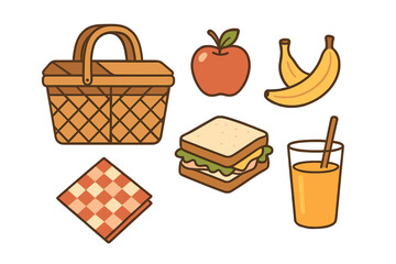Classic picnic food and accessories set including basket, sandwich, fruit, and juice