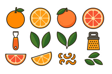 Assortment of whole and sliced oranges and grapefruit with green leaves, zest, zester, and grater