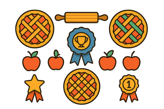 Set of baking contest elements including apple pies rolling pin and award ribbons