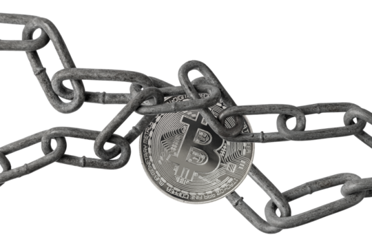 Old metallic chain with silver bitcoin coin isolated on white background. Blockchain concept.
