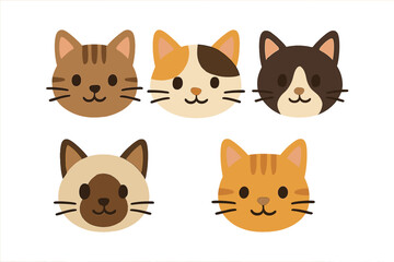 Five adorable cartoon cat faces displaying various colors and fur markings