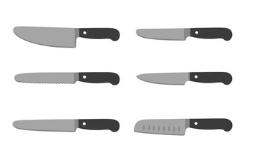 Collection of six different cooking knives including chef utility and serrated blades