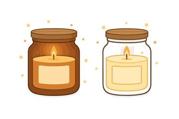 Pair of lit scented candles in jars, one amber and one clear, cozy home decor objects