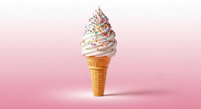 Soft serve ice cream cone with colorful sprinkles on a pink background - Powered by Adobe