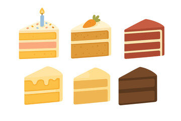 Six dessert cake slices including birthday, carrot, red velvet, and chocolate flavors