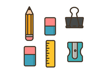 Essential school and office supplies set including pencil eraser ruler and binder clip