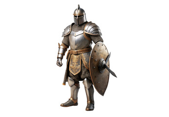 Medieval knight in full plate armor holding sword and shield, isolated on a transparent background