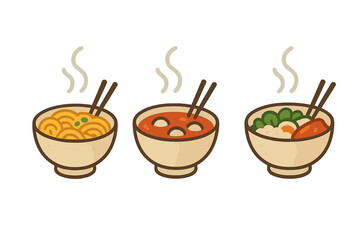 Steaming bowls of Asian cuisine dishes served with chopsticks on white background
