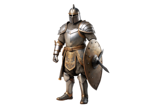 Medieval knight in full plate armor holding sword and shield, isolated on a transparent background