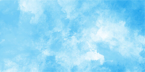 Bright blue sky with white fluffy clouds on a sunny day. Bright blue sky background with fluffy white clouds, a perfect clear summer day view of nature. Abstract colorful watercolor paint illustration