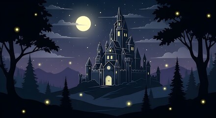 Pixel art castle under a full moon in a mystical forest