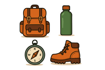 Outdoor adventure gear set featuring a backpack, water bottle, compass, and hiking boot