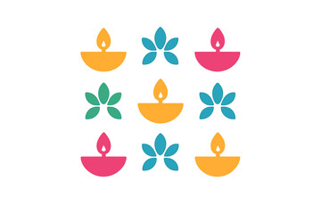Seamless colorful pattern of traditional Indian oil lamps and stylized floral elements for Diwali