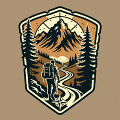 Vintage logo badge of man trail hiking mountain pine tree forest and lake river with backpack. Rustic outdoor retro old emblem editable vector illustration