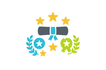 Rolled diploma scroll with rating stars and certification badges for academic success