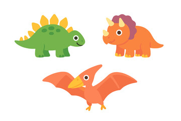 Adorable prehistoric animals set: Stegosaurus, Triceratops, and Pterodactyl isolated on white