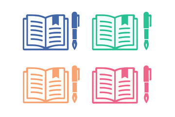 Set of four colorful icons showing an open book and a classic fountain pen nib