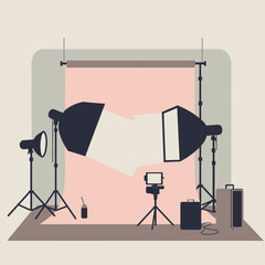 Illustration of a professional photography studio setup with lights, backdrop, and camera on a tripod.