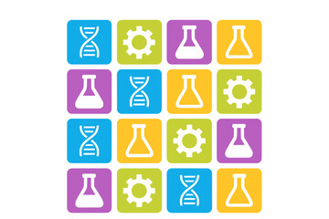 Seamless pattern of colorful squares with scientific and technological icons: DNA, flasks, and gears