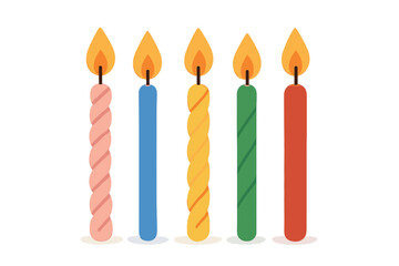 A row of five brightly colored birthday candles burning with orange flames set against a clean white background