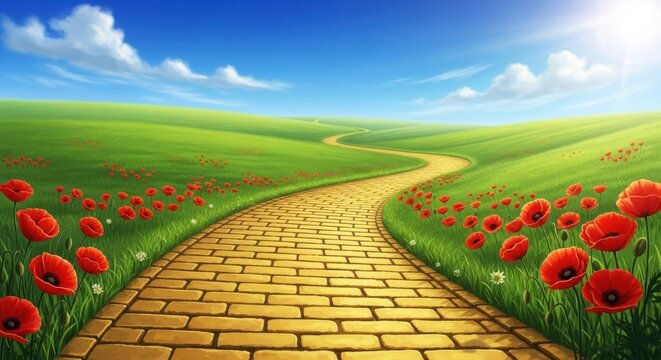 Yellow brick road winding through a vibrant green field with red poppies