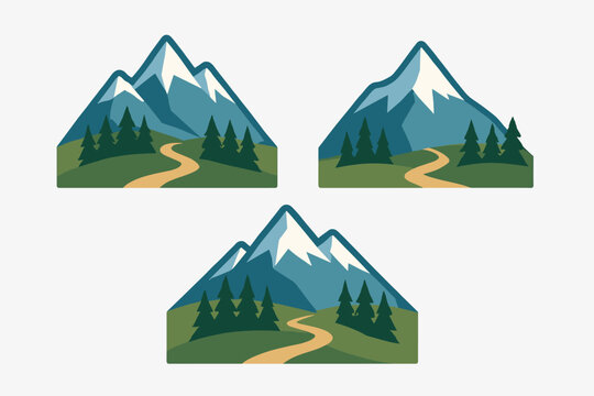 Three stylized mountain landscape badges with snow peaks pine trees and winding hiking trail