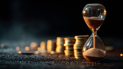 Time is money concept with an hourglass measuring time and growing stacks of gold coins representing wealth.