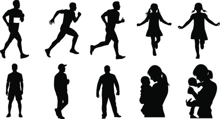 Silhouette vector illustration of jogging, sprinting, walking, standing, jumping children, and adults holding babies in expressive black and white style