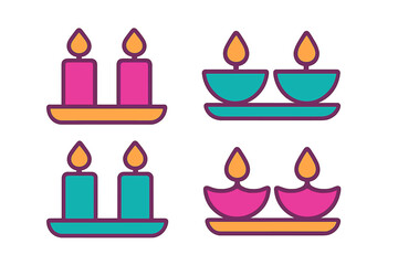 Colorful lit pillar candles and traditional Indian diyas on decorative trays