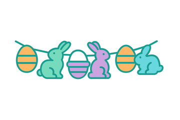 Festive spring holiday banner with pastel colored rabbits and patterned eggs decoration