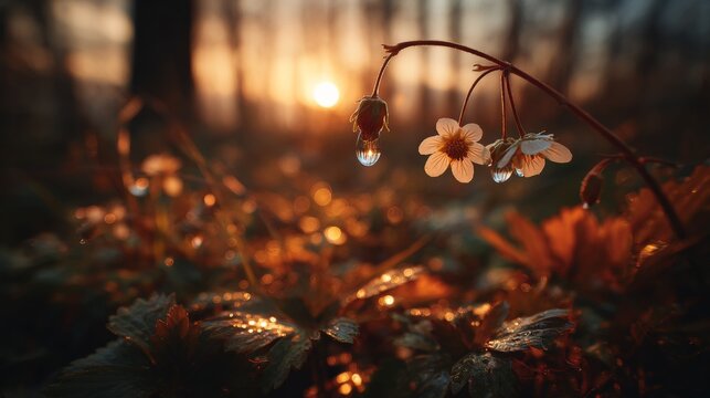 Dewdrops on wild strawberry low-angle macro