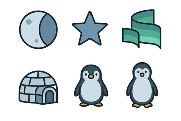 Cute penguins, igloo, and celestial objects in winter arctic icon set